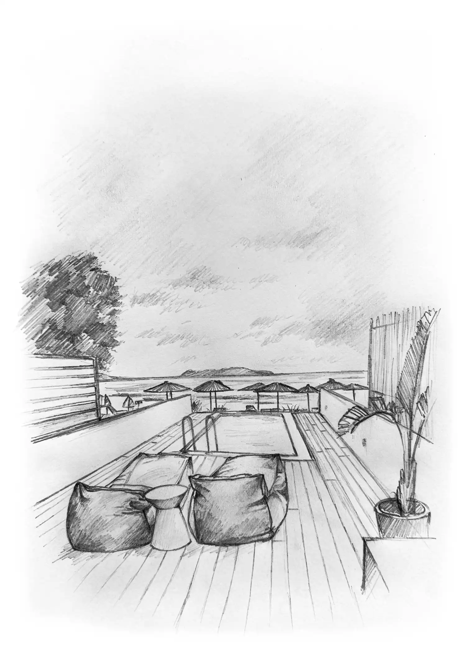 Perspective sketch of poolside architecture
