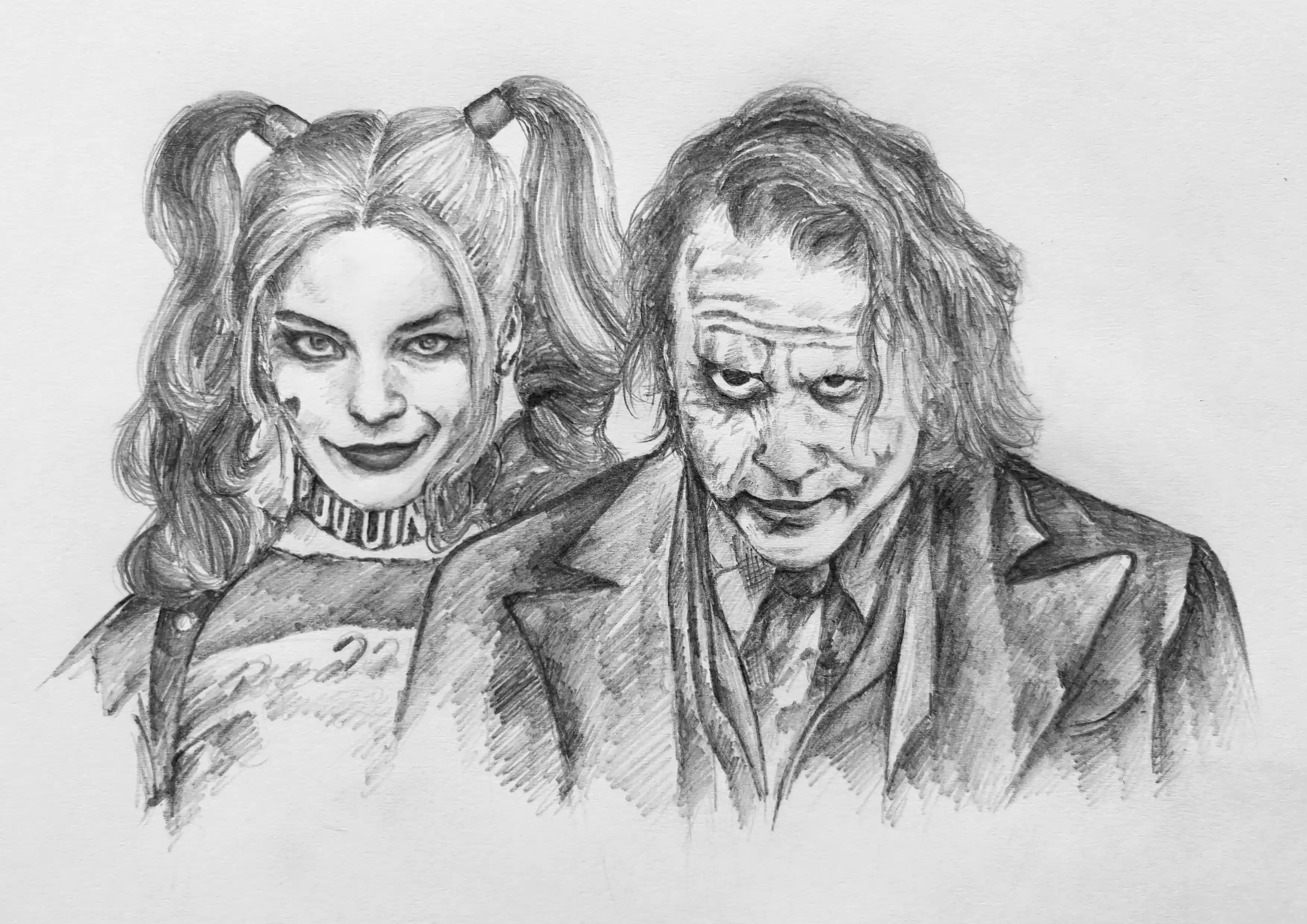Pencil sketch portrait featuring Joker and Harley