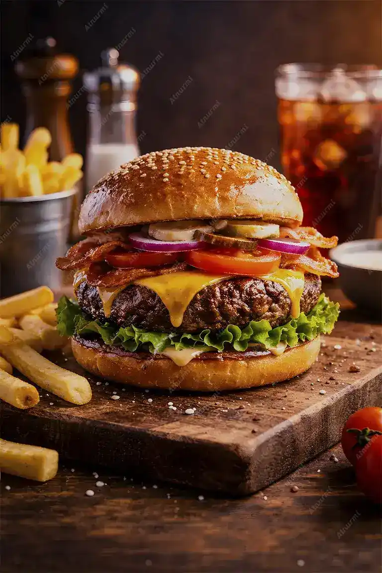 Delicious Burger On Wooden Table - backgrounds download preview by Atnurmi